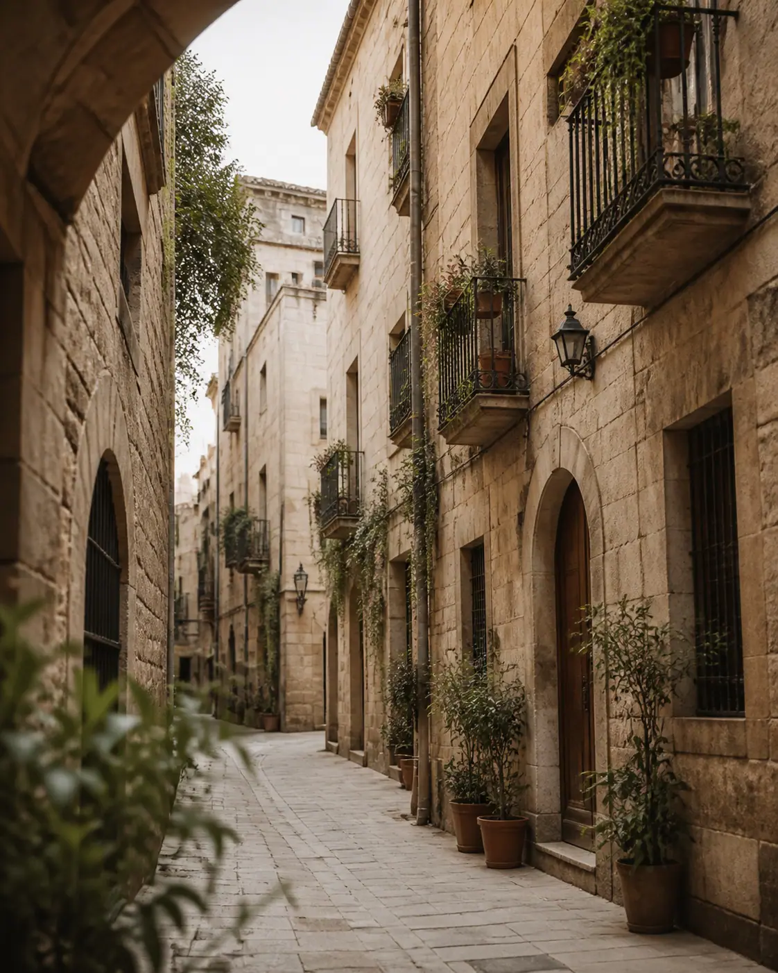 Calle tranquila de piedra en el casco antiguo de Barcelona
