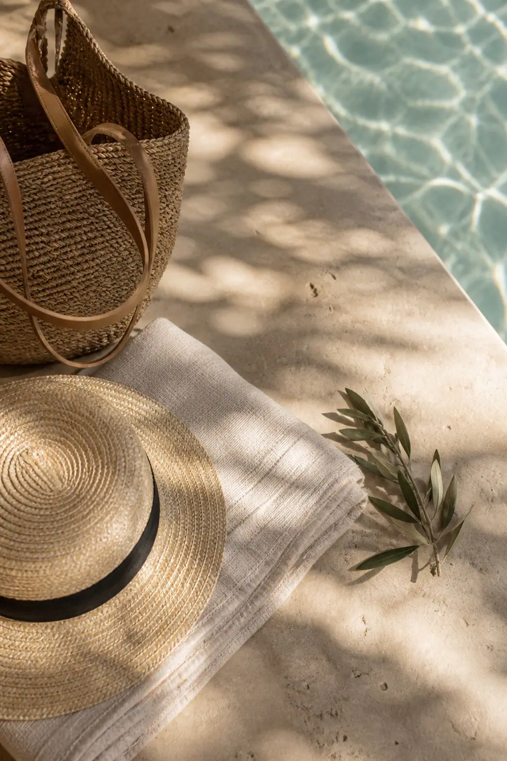 Sombrero y bolso de fibras naturales junto a una piscina